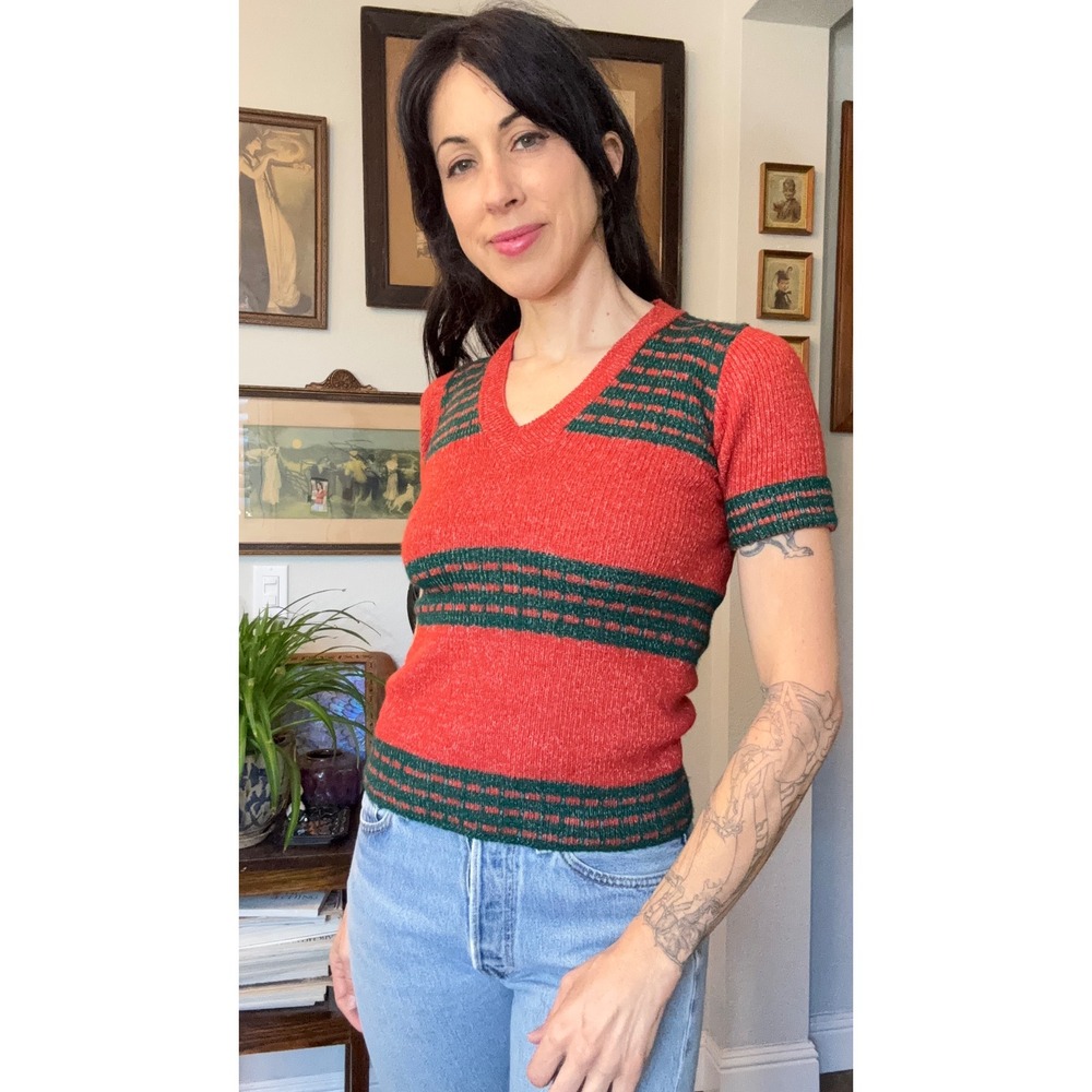 Vintage 70s Red/orange Green Striped V-Neck Knit Short Sleeve Sweater Top